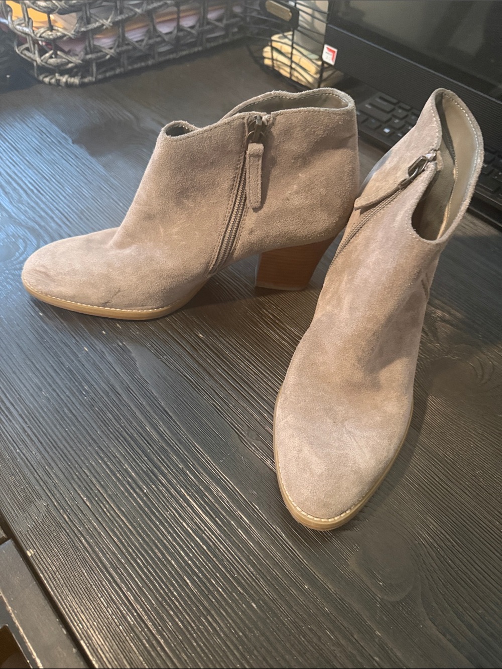 Susina Taupe Suede Ankle Booties with Block Heel